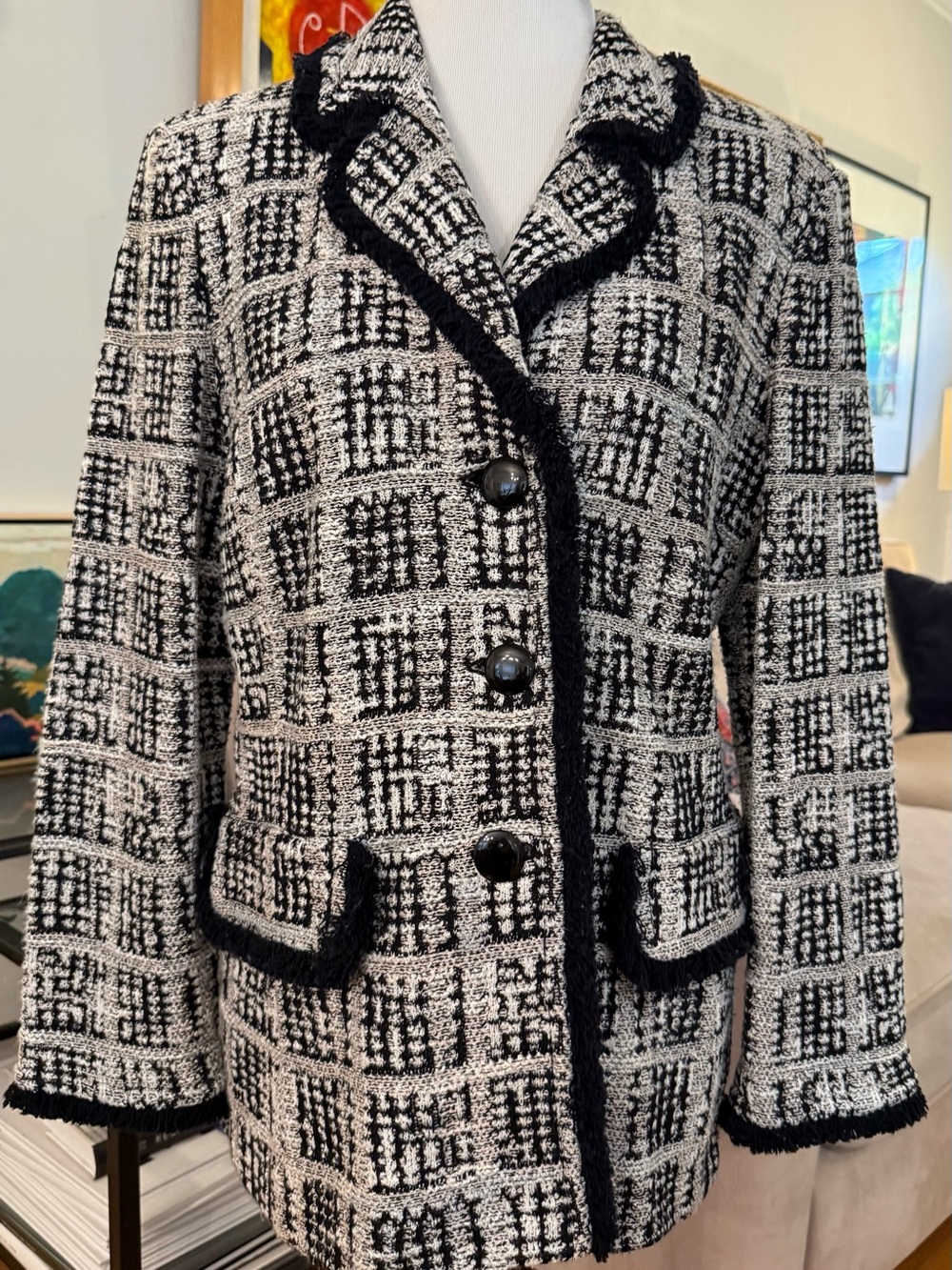 St John’s Black & White Knit Tweed Women's Jacket with Fringe Trim